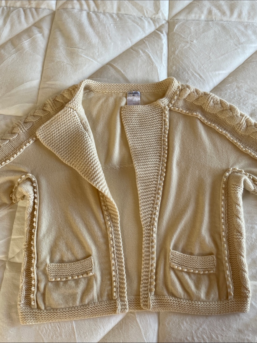 Auth.CHANEL Cream Cable Knit Cardigan Sweater Bolero Loose Fit 38 - Picture 5 of 16